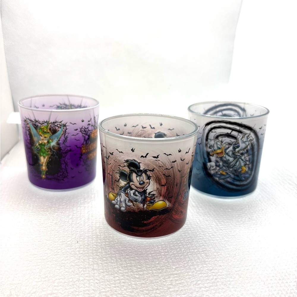 3 Disney Halloween Glass Votive Battery Candle Holders Mickey Donald Tinkerbell